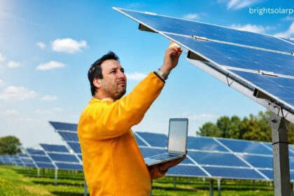 Technician inspecting rooftop solar panels for solar subsidy in Uttar Pradesh installation and maintenance.