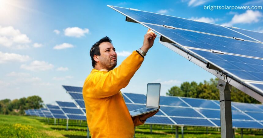 Technician inspecting rooftop solar panels for solar subsidy in Uttar Pradesh installation and maintenance.