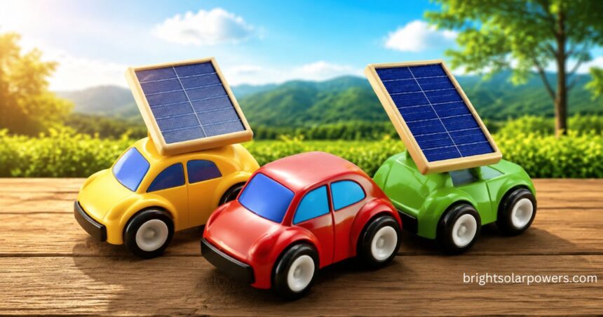 Solar toy car powered by small rooftop solar panels demonstrating renewable energy model cars
