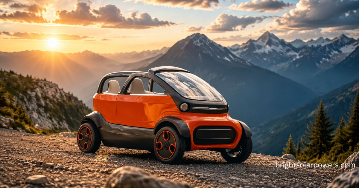 Solar toy car on mountain road showcasing solar-powered miniature electric vehicle in scenic nature