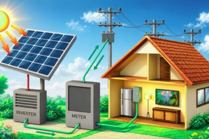 Types of solar cells diagram showing solar panel system, inverter, meter, and home energy flow using solar power.