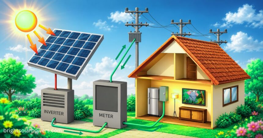 Types of solar cells diagram showing solar panel system, inverter, meter, and home energy flow using solar power.