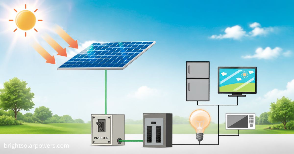 Types of solar cell diagrams showing solar panel, inverter, and home appliances powered by solar energy system.