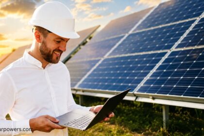 Solar engineer reviewing Vikram Solar results on laptop at solar panel farm during sunset