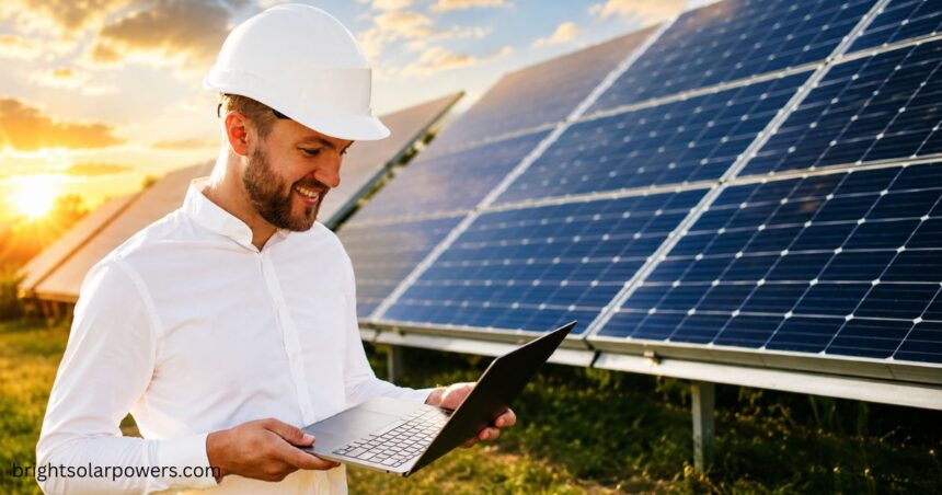 Solar engineer reviewing Vikram Solar results on laptop at solar panel farm during sunset