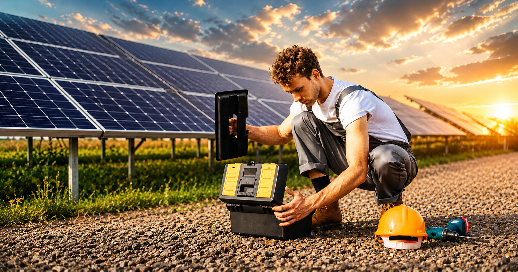 Solar technician with toolbox inspecting Vikram Solar panel results at ground-mounted solar farm during sunset