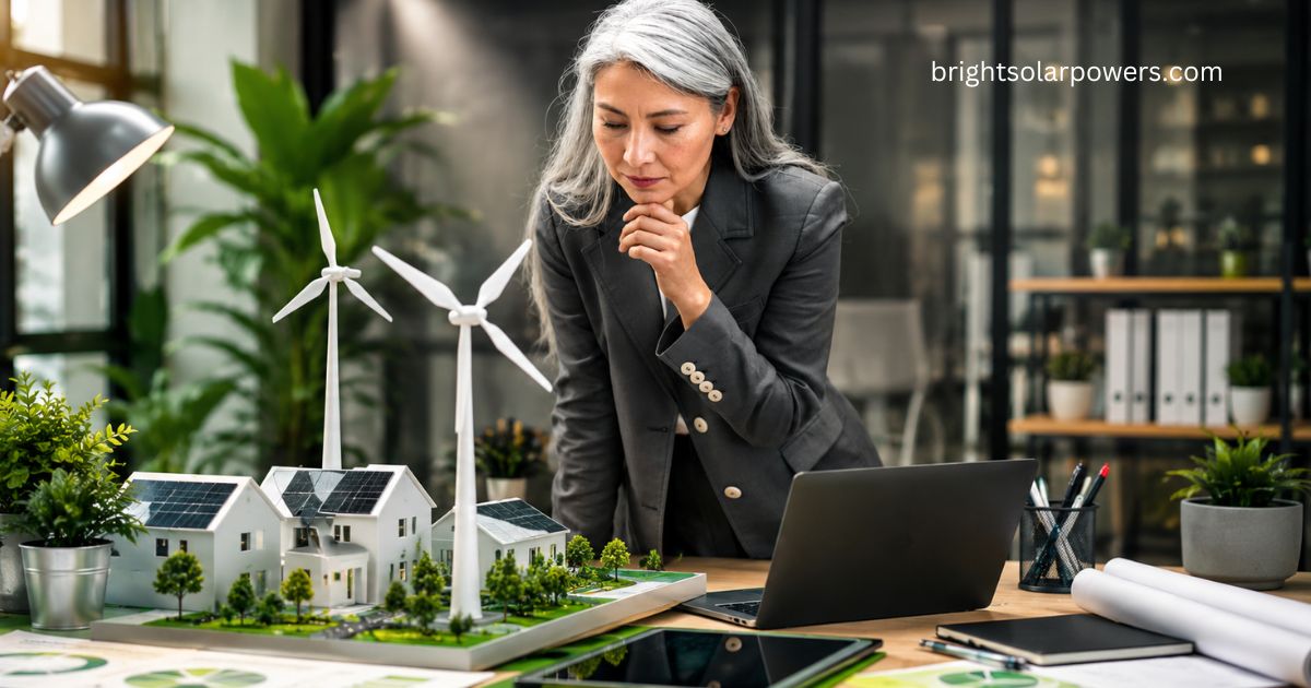 Waaree Energies IPO highlighting renewable energy investments with solar-powered homes, wind turbines, and sustainable growth opportunities.