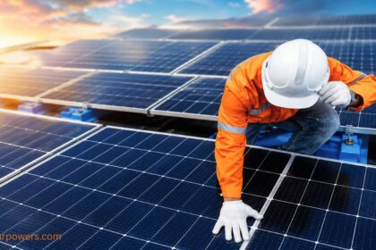 : Waaree solar panel installation by technician at solar power plant