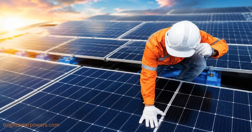 : Waaree solar panel installation by technician at solar power plant