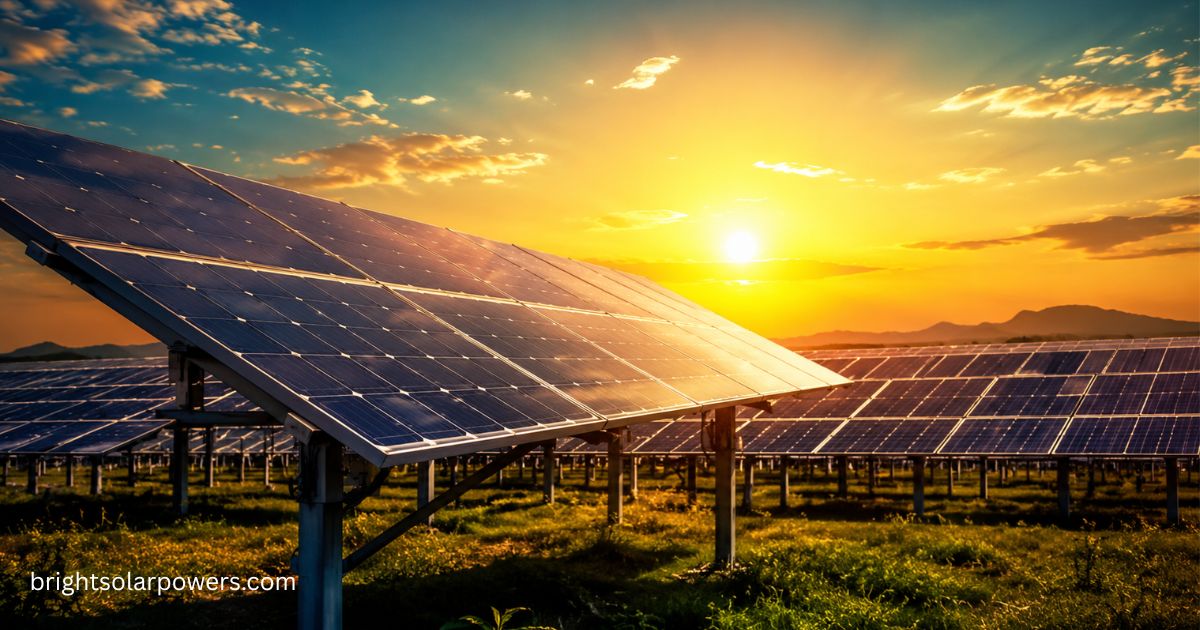 Aureus solar panel installation in a large-scale solar farm at sunset.