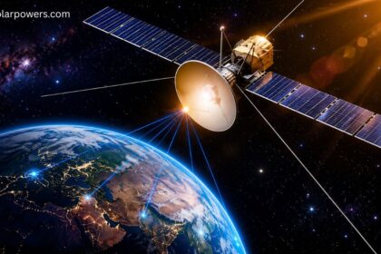 Space satellite orbiting Earth illustrating the biggest satellite in the solar system concept.