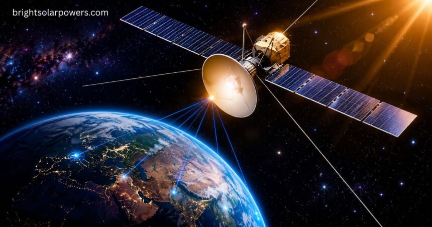Space satellite orbiting Earth illustrating the biggest satellite in the solar system concept.