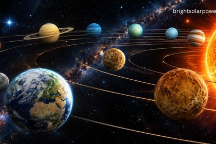 Brightest planet in solar system with Earth and planets orbiting the Sun.