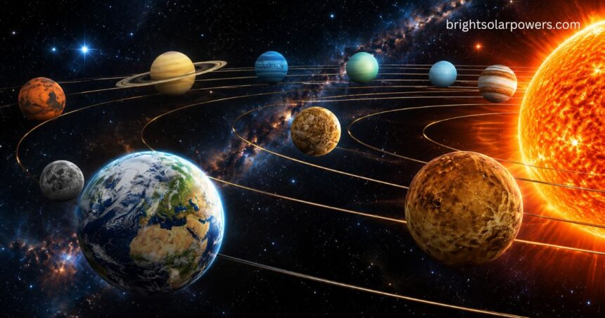 Brightest planet in solar system with Earth and planets orbiting the Sun.