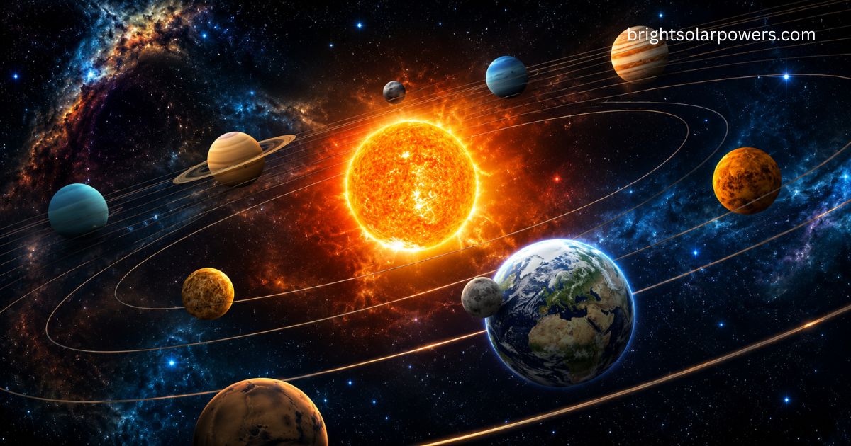 Brightest planet in solar system with planets orbiting the Sun in space.