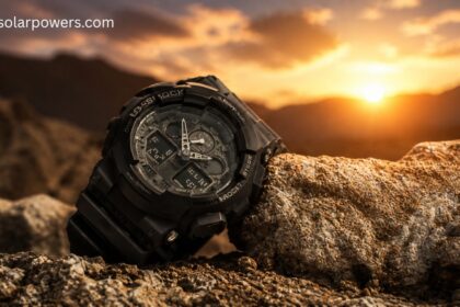 Casio solar watch with rugged outdoor design powered by solar energy.