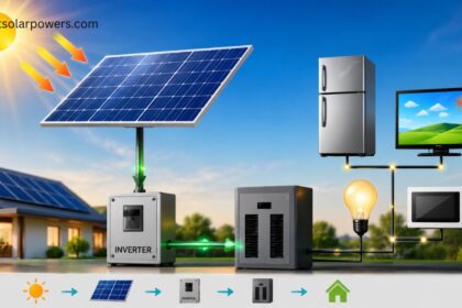 V characteristics of solar cell diagram showing solar panel, inverter, battery, and power flow.