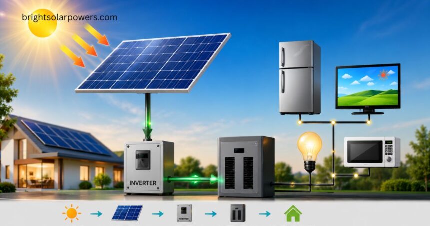 V characteristics of solar cell diagram showing solar panel, inverter, battery, and power flow.