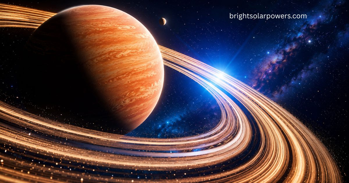 Largest satellite in solar system illustration with space telescope and ringed planet.