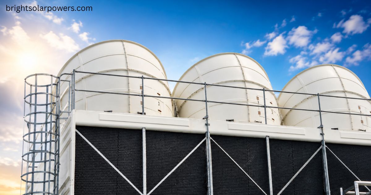 Industrial cooling system supporting parabolic trough collector solar power plants.