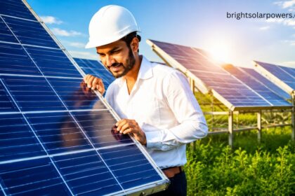 REIL solar technician inspecting high-efficiency solar panels at a renewable energy plant.
