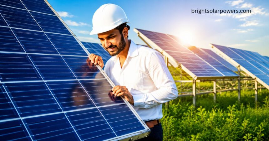 REIL solar technician inspecting high-efficiency solar panels at a renewable energy plant.
