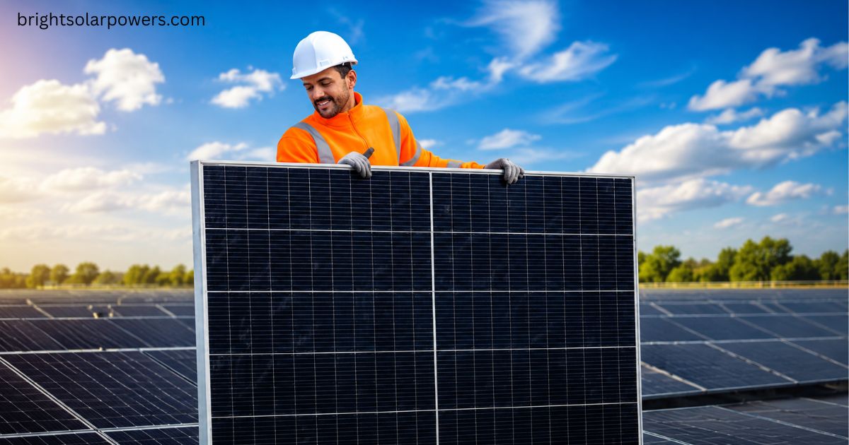 Reliance solar panel installation by a professional technician at a commercial solar farm.