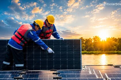 Technicians inspecting and renewing solar panels for improved energy efficiency.