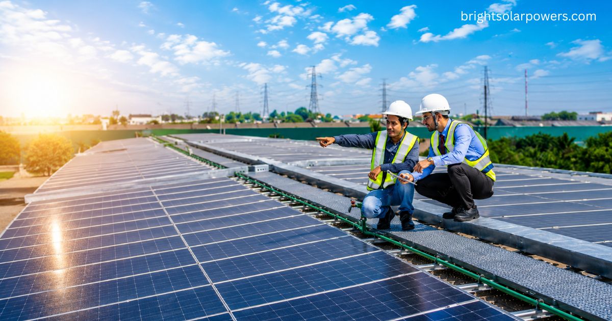 Engineers inspecting renewed solar panels to improve renewable energy performance.
