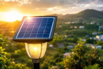 Small solar panel powering an outdoor solar LED light in a scenic landscape.