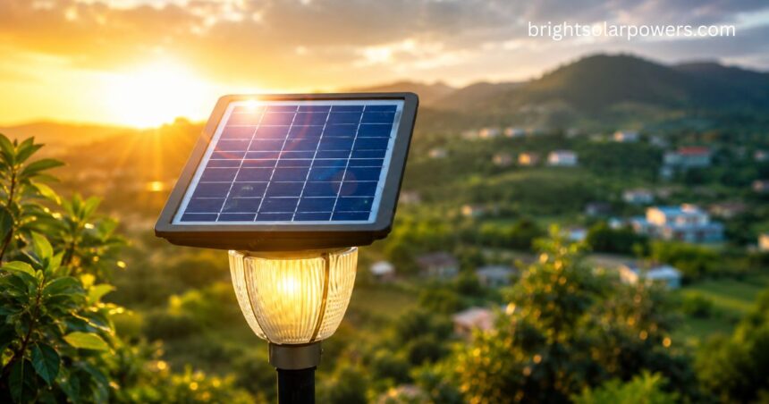 Small solar panel powering an outdoor solar LED light in a scenic landscape.