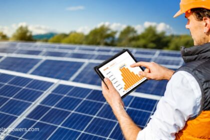 Smarten Solar technician monitoring solar panel performance with a tablet at a solar power plant.