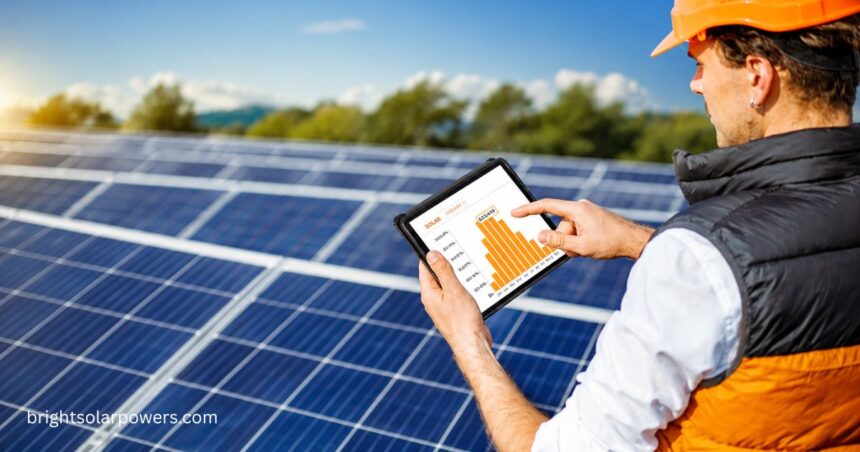 Smarten Solar technician monitoring solar panel performance with a tablet at a solar power plant.