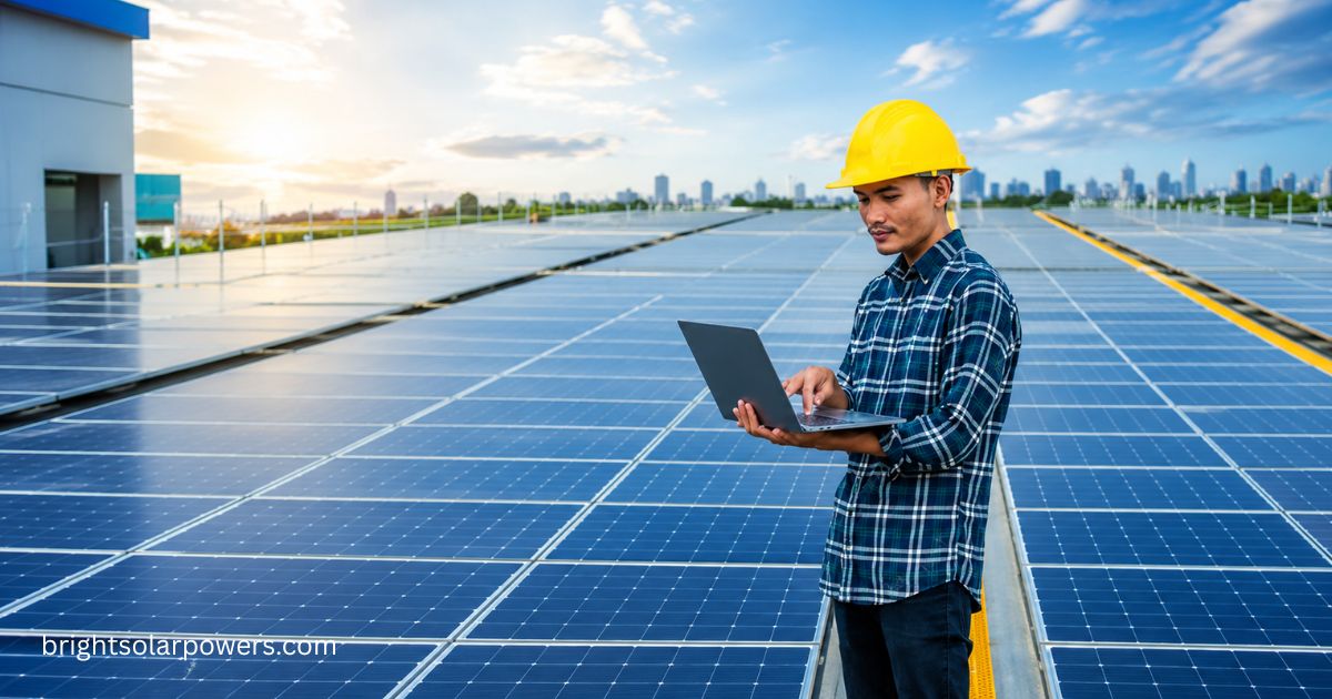 Smarten Solar rooftop installation engineer monitoring solar panel performance with a laptop at a commercial solar power plant.