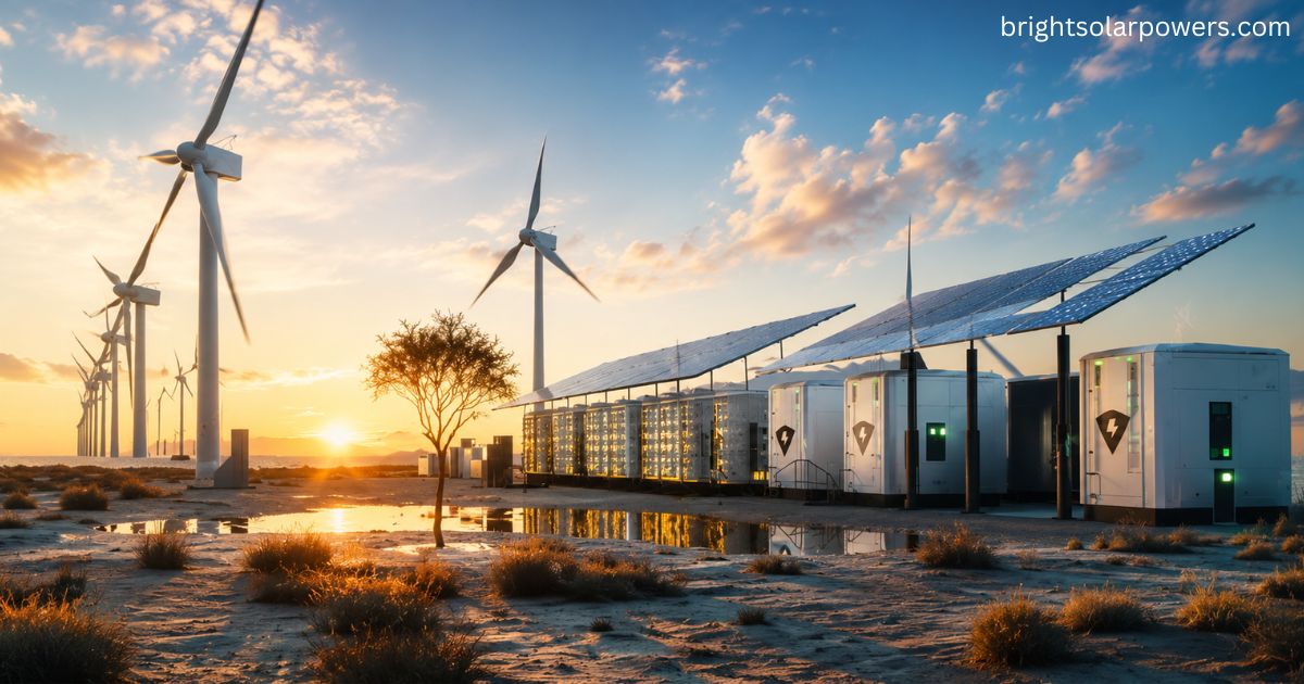 Solar and wind hybrid system with battery storage for reliable renewable energy generation.