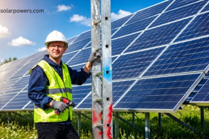 Technician working on solar cell construction at a large-scale solar panel installation site.