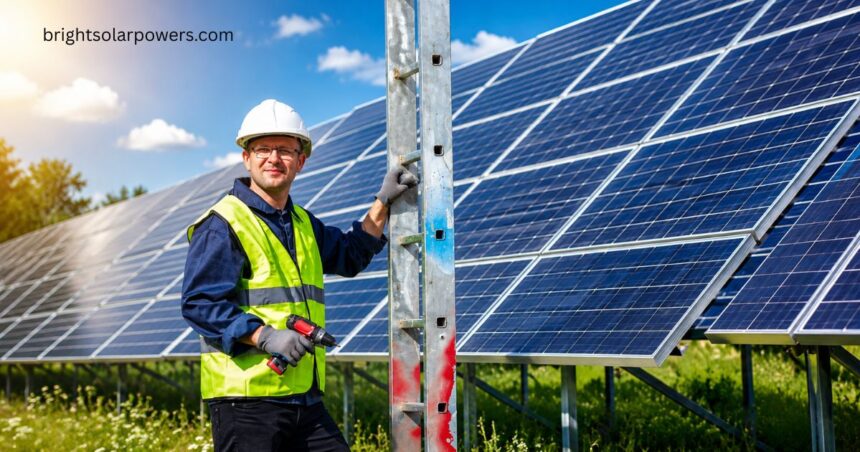 Technician working on solar cell construction at a large-scale solar panel installation site.