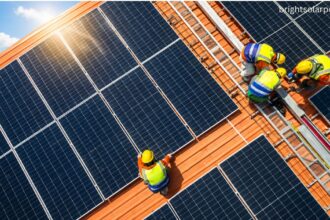 Workers installing solar panels during solar cell construction on a rooftop for efficient renewable energy generation.