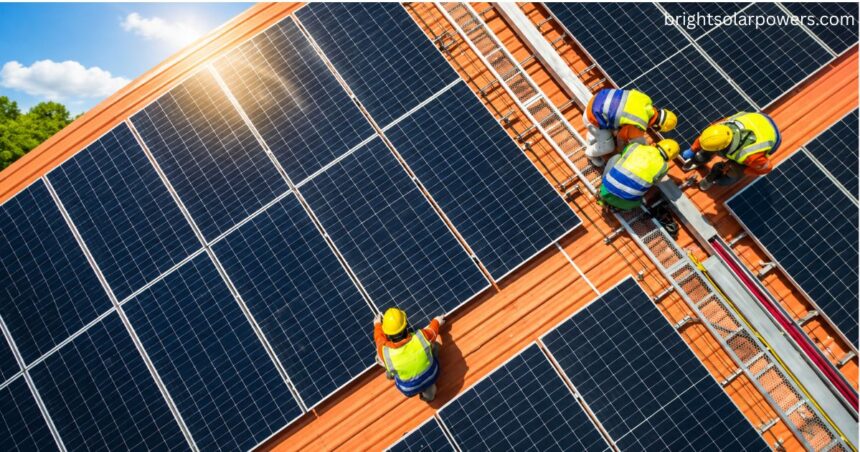Workers installing solar panels during solar cell construction on a rooftop for efficient renewable energy generation.