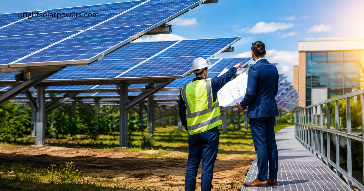 Engineers overseeing solar cell construction at a commercial solar power plant installation.