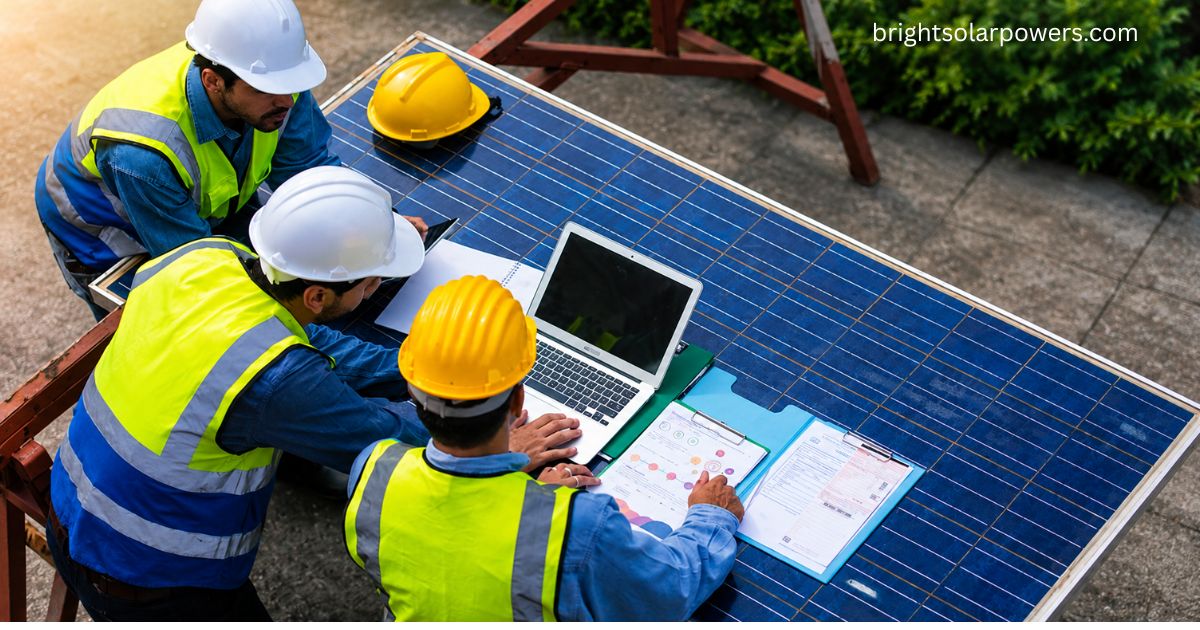 Engineers planning solar cell construction and photovoltaic panel installation project.