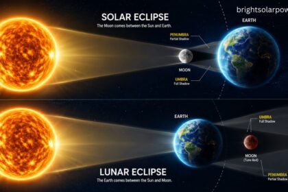 Solar eclipse and lunar eclipse diagram showing Sun, Earth, and Moon alignment.