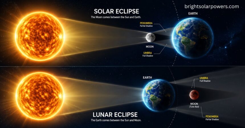 Solar eclipse and lunar eclipse diagram showing Sun, Earth, and Moon alignment.