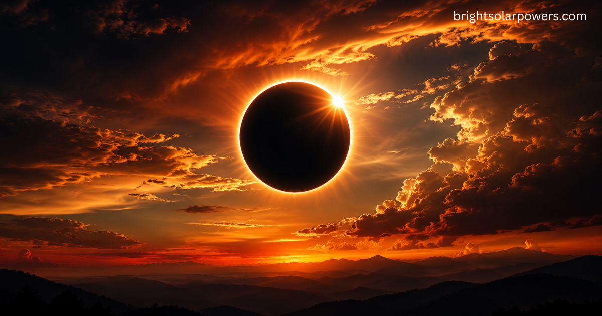 Total solar eclipse creating a dramatic darkened sky over the mountain landscape.