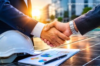 Business partners shaking hands for a solar franchise agreement with rooftop solar panel installation project.
