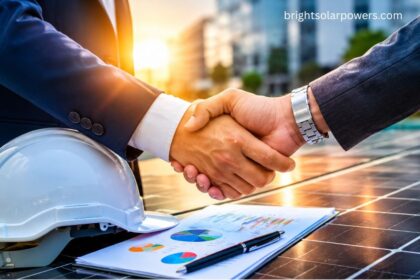 Business partners shaking hands for a solar franchise agreement with rooftop solar panel installation project.