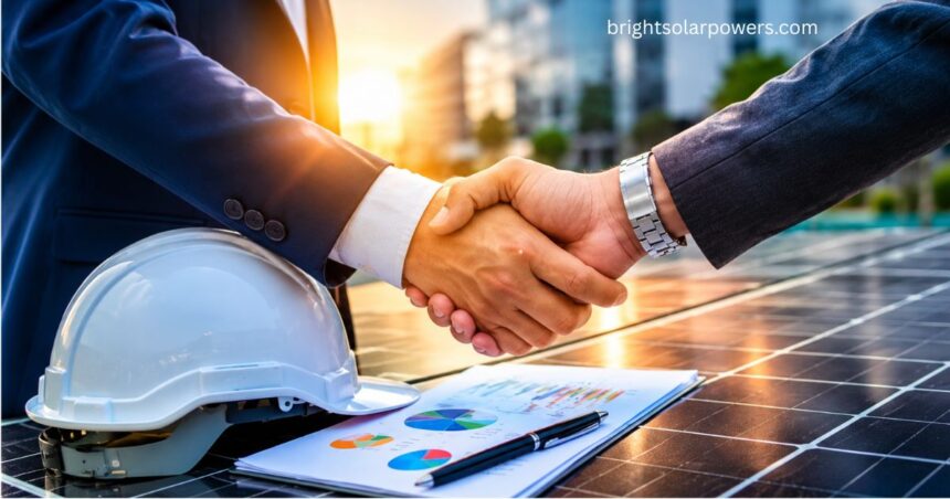 Business partners shaking hands for a solar franchise agreement with rooftop solar panel installation project.