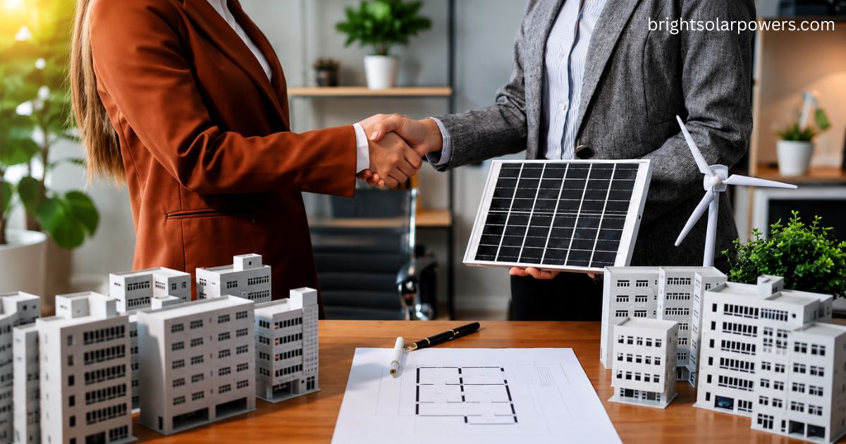 Business partners discussing a solar franchise opportunity with solar panel solutions for commercial energy projects.
