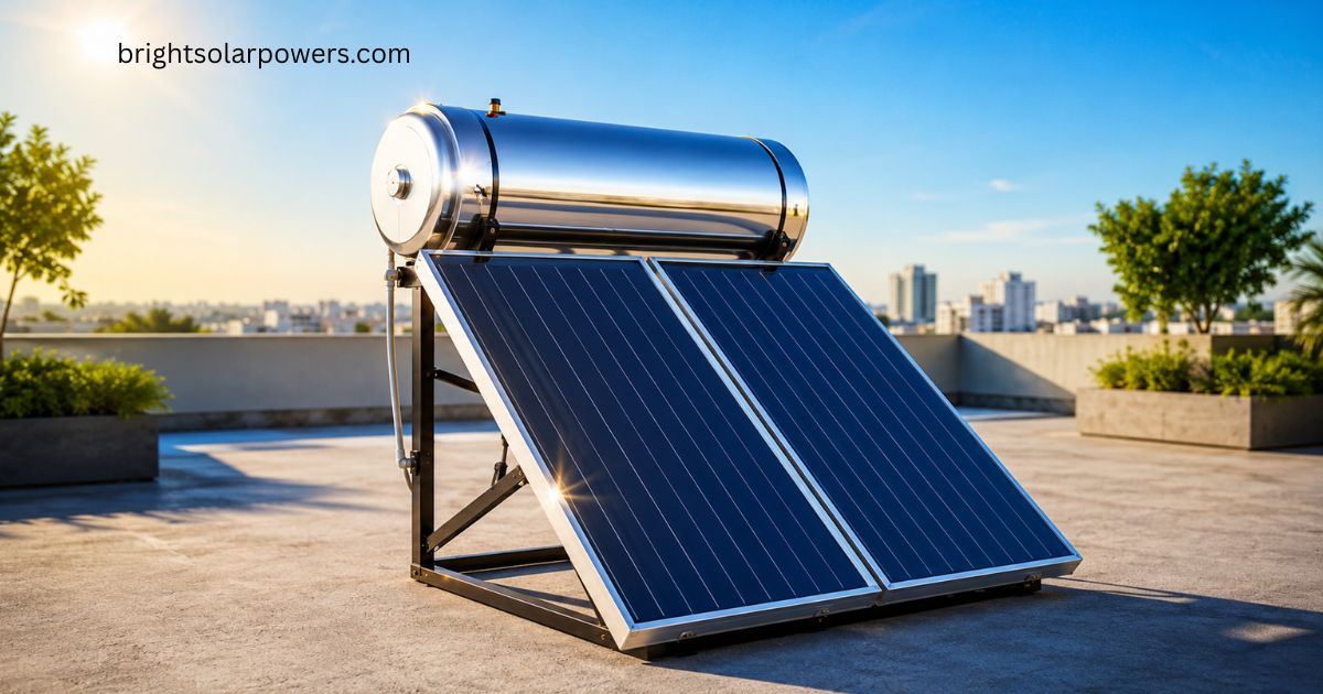 Solar furnace mirror with rooftop solar water heating system.