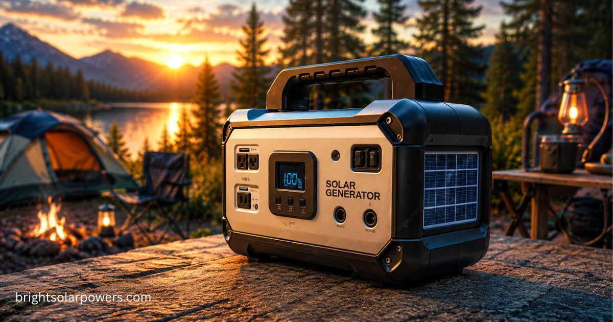Portable solar generator providing clean power for camping and outdoor adventures.